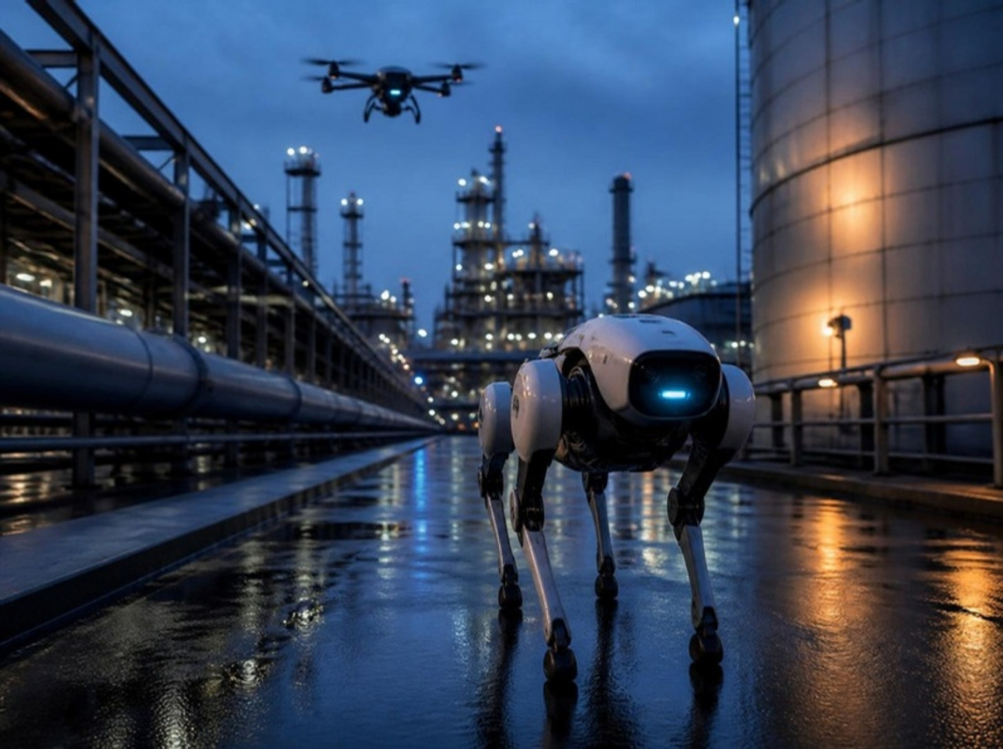 Endüstriyel tesiste devriye atan dört ayaklı robot ve üzerinde dron